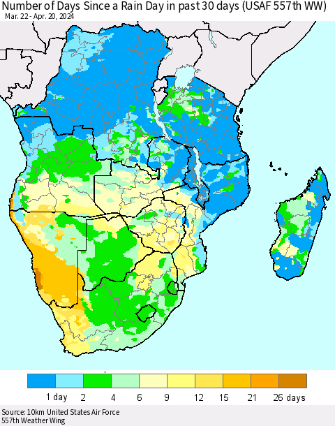 Southern Africa Number of Days Since a Rain Day in past 30 days (USAF 557th WW) Thematic Map For 4/16/2024 - 4/20/2024