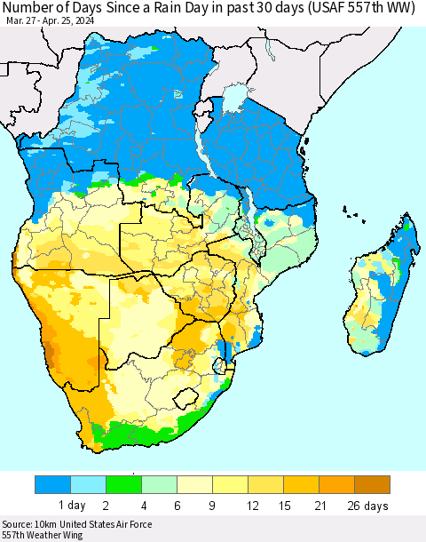 Southern Africa Number of Days Since a Rain Day in past 30 days (USAF 557th WW) Thematic Map For 4/21/2024 - 4/25/2024