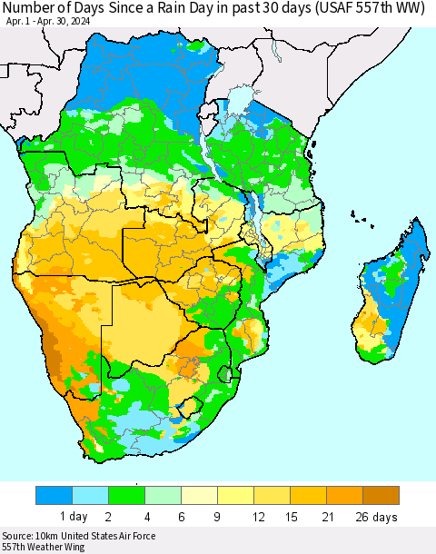 Southern Africa Number of Days Since a Rain Day in past 30 days (USAF 557th WW) Thematic Map For 4/26/2024 - 4/30/2024