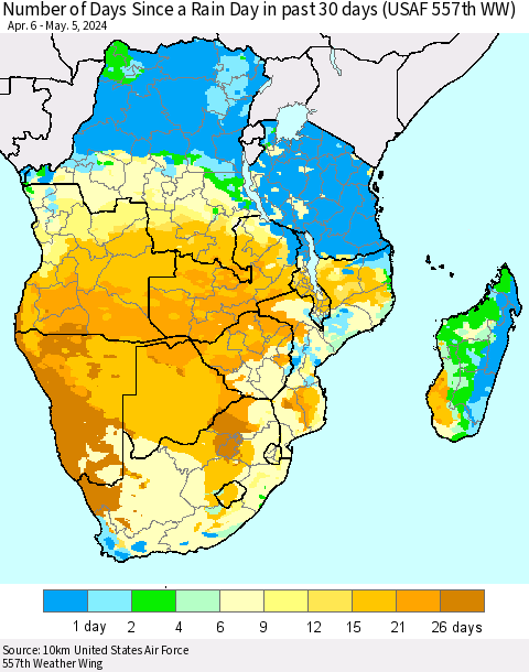 Southern Africa Number of Days Since a Rain Day in past 30 days (USAF 557th WW) Thematic Map For 5/1/2024 - 5/5/2024