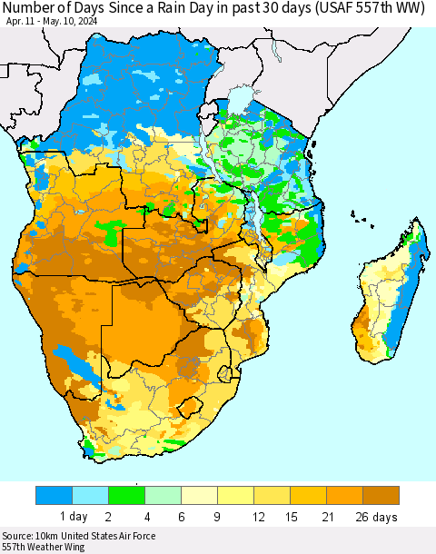 Southern Africa Number of Days Since a Rain Day in past 30 days (USAF 557th WW) Thematic Map For 5/6/2024 - 5/10/2024