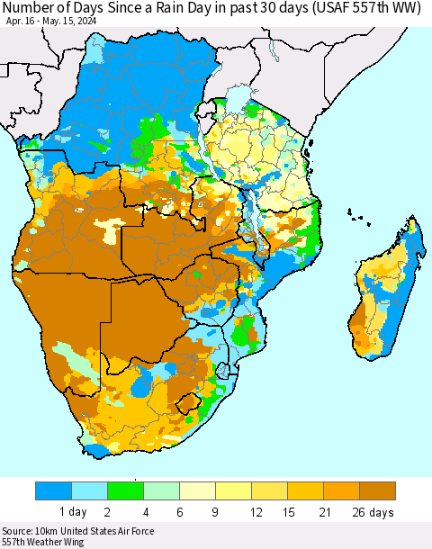 Southern Africa Number of Days Since a Rain Day in past 30 days (USAF 557th WW) Thematic Map For 5/11/2024 - 5/15/2024