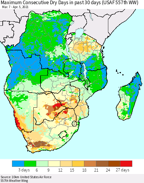 Southern Africa Maximum Consecutive Dry Days in past 30 days (USAF 557th WW) 04/05/2021 Thematic Map For 4/1/2021 - 4/5/2021