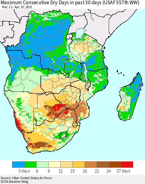 Southern Africa Maximum Consecutive Dry Days in past 30 days (USAF 557th WW) 04/10/2021 Thematic Map For 4/6/2021 - 4/10/2021