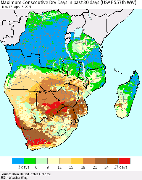 Southern Africa Maximum Consecutive Dry Days in past 30 days (USAF 557th WW) 04/15/2021 Thematic Map For 4/11/2021 - 4/15/2021