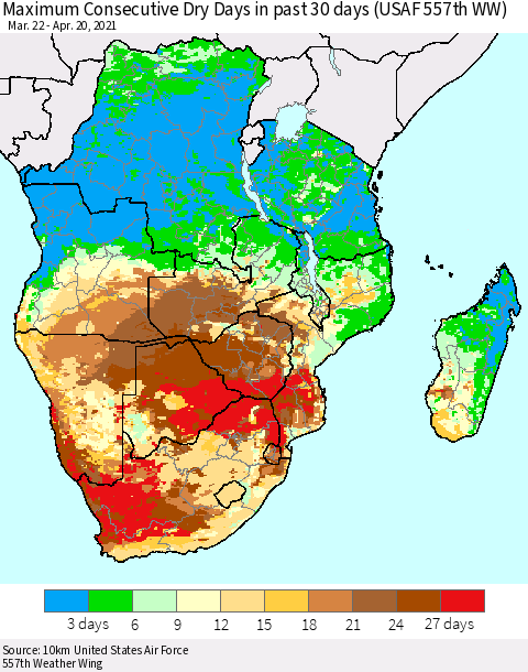 Southern Africa Maximum Consecutive Dry Days in past 30 days (USAF 557th WW) 04/20/2021 Thematic Map For 4/16/2021 - 4/20/2021
