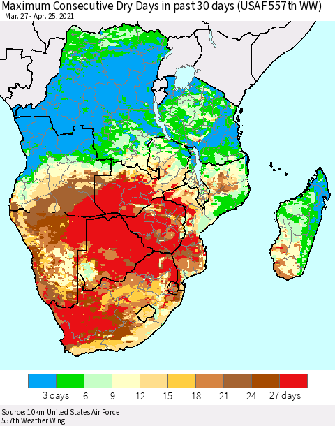 Southern Africa Maximum Consecutive Dry Days in past 30 days (USAF 557th WW) 04/25/2021 Thematic Map For 4/21/2021 - 4/25/2021