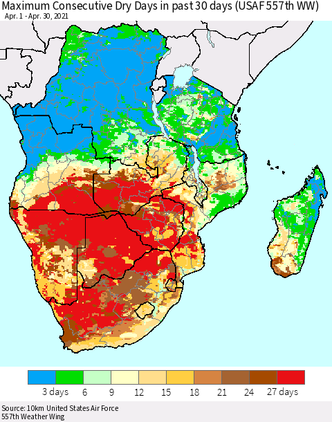 Southern Africa Maximum Consecutive Dry Days in past 30 days (USAF 557th WW) 04/30/2021 Thematic Map For 4/26/2021 - 4/30/2021