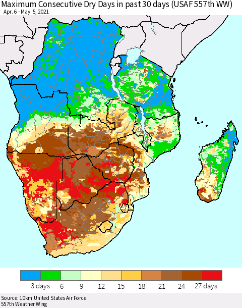 Southern Africa Maximum Consecutive Dry Days in past 30 days (USAF 557th WW) 05/05/2021 Thematic Map For 5/1/2021 - 5/5/2021