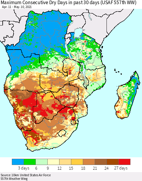 Southern Africa Maximum Consecutive Dry Days in past 30 days (USAF 557th WW) 05/10/2021 Thematic Map For 5/6/2021 - 5/10/2021