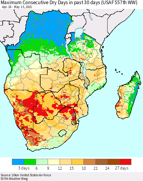 Southern Africa Maximum Consecutive Dry Days in past 30 days (USAF 557th WW) 05/15/2021 Thematic Map For 5/11/2021 - 5/15/2021