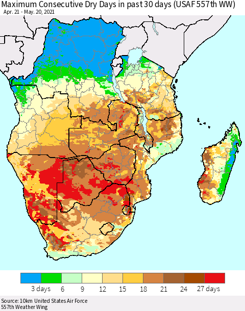 Southern Africa Maximum Consecutive Dry Days in past 30 days (USAF 557th WW) 05/20/2021 Thematic Map For 5/16/2021 - 5/20/2021