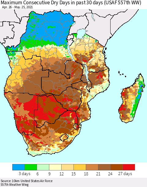 Southern Africa Maximum Consecutive Dry Days in past 30 days (USAF 557th WW) 05/25/2021 Thematic Map For 5/21/2021 - 5/25/2021