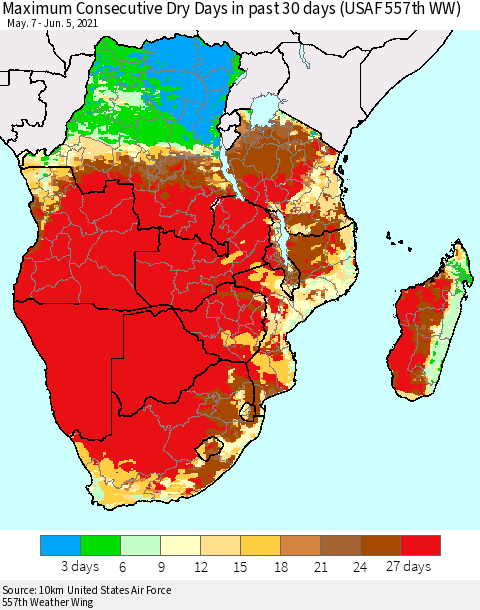 Southern Africa Maximum Consecutive Dry Days in past 30 days (USAF 557th WW) 06/05/2021 Thematic Map For 6/1/2021 - 6/5/2021