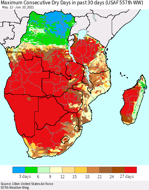 Southern Africa Maximum Consecutive Dry Days in past 30 days (USAF 557th WW) 06/10/2021 Thematic Map For 6/6/2021 - 6/10/2021