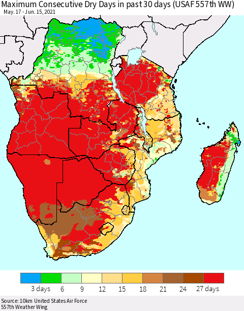 Southern Africa Maximum Consecutive Dry Days in past 30 days (USAF 557th WW) 06/15/2021 Thematic Map For 6/11/2021 - 6/15/2021
