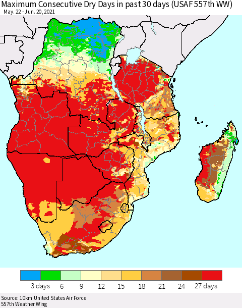 Southern Africa Maximum Consecutive Dry Days in past 30 days (USAF 557th WW) 06/20/2021 Thematic Map For 6/16/2021 - 6/20/2021