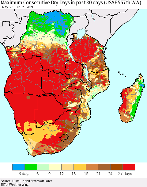 Southern Africa Maximum Consecutive Dry Days in past 30 days (USAF 557th WW) 06/25/2021 Thematic Map For 6/21/2021 - 6/25/2021