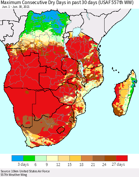 Southern Africa Maximum Consecutive Dry Days in past 30 days (USAF 557th WW) 06/30/2021 Thematic Map For 6/26/2021 - 6/30/2021