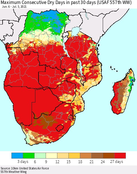 Southern Africa Maximum Consecutive Dry Days in past 30 days (USAF 557th WW) 07/05/2021 Thematic Map For 7/1/2021 - 7/5/2021