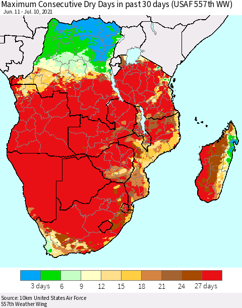 Southern Africa Maximum Consecutive Dry Days in past 30 days (USAF 557th WW) 07/10/2021 Thematic Map For 7/6/2021 - 7/10/2021