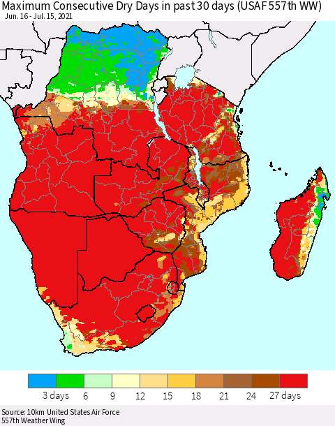 Southern Africa Maximum Consecutive Dry Days in past 30 days (USAF 557th WW) 07/15/2021 Thematic Map For 7/11/2021 - 7/15/2021