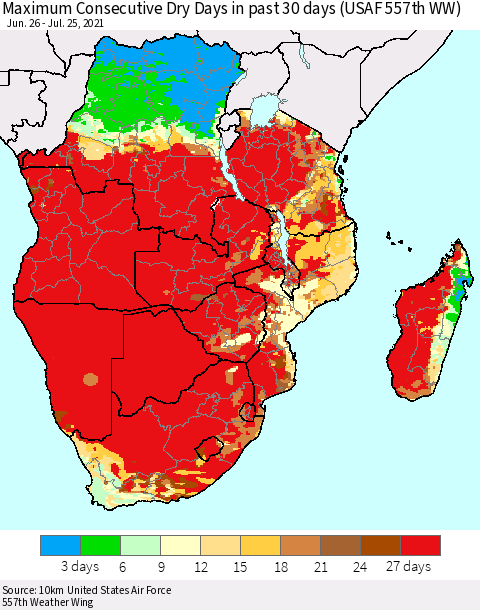 Southern Africa Maximum Consecutive Dry Days in past 30 days (USAF 557th WW) 07/25/2021 Thematic Map For 7/21/2021 - 7/25/2021