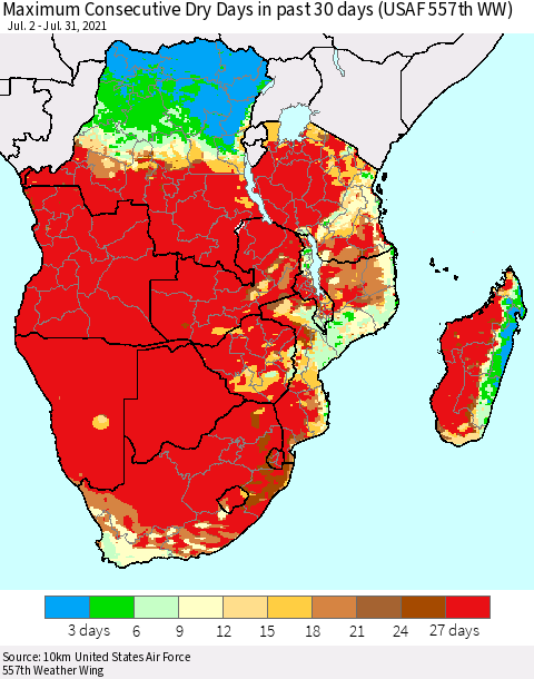 Southern Africa Maximum Consecutive Dry Days in past 30 days (USAF 557th WW) 07/31/2021 Thematic Map For 7/26/2021 - 7/31/2021