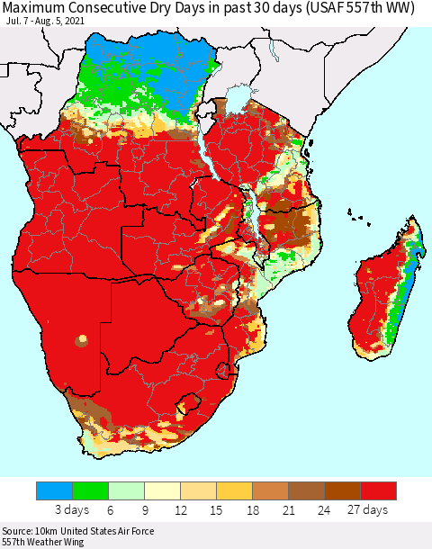 Southern Africa Maximum Consecutive Dry Days in past 30 days (USAF 557th WW) 08/05/2021 Thematic Map For 8/1/2021 - 8/5/2021