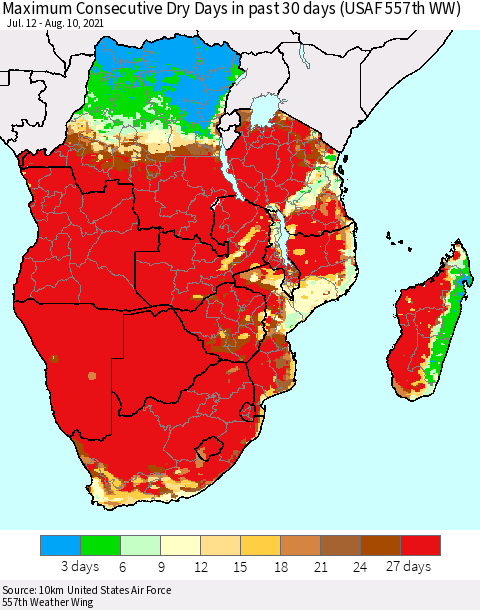 Southern Africa Maximum Consecutive Dry Days in past 30 days (USAF 557th WW) 08/10/2021 Thematic Map For 8/6/2021 - 8/10/2021