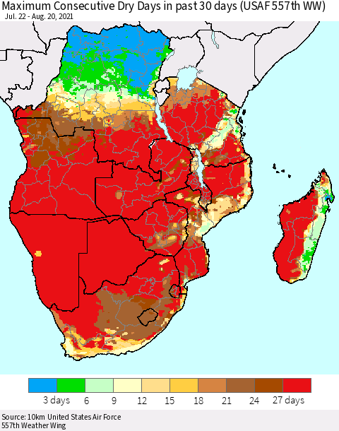 Southern Africa Maximum Consecutive Dry Days in past 30 days (USAF 557th WW) 08/20/2021 Thematic Map For 8/16/2021 - 8/20/2021
