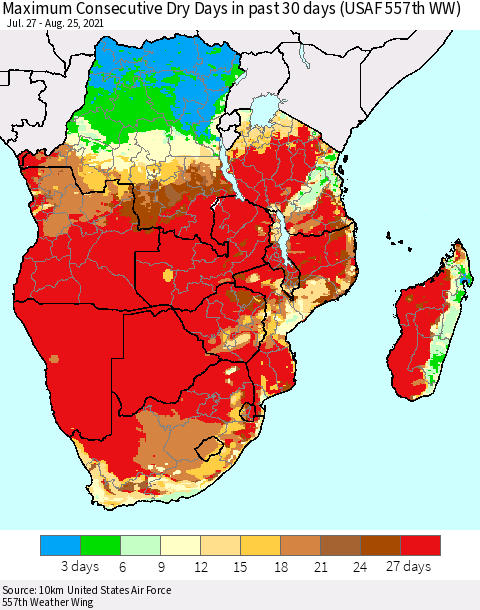 Southern Africa Maximum Consecutive Dry Days in past 30 days (USAF 557th WW) 08/25/2021 Thematic Map For 8/21/2021 - 8/25/2021