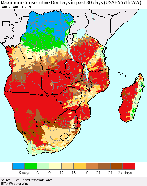 Southern Africa Maximum Consecutive Dry Days in past 30 days (USAF 557th WW) 08/31/2021 Thematic Map For 8/26/2021 - 8/31/2021
