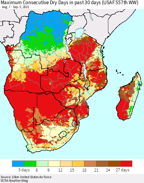 Southern Africa Maximum Consecutive Dry Days in past 30 days (USAF 557th WW) 09/05/2021 Thematic Map For 9/1/2021 - 9/5/2021