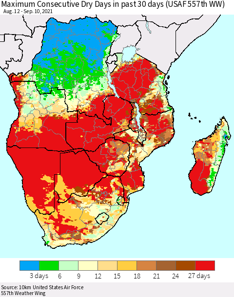 Southern Africa Maximum Consecutive Dry Days in past 30 days (USAF 557th WW) 09/10/2021 Thematic Map For 9/6/2021 - 9/10/2021