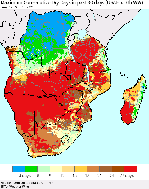Southern Africa Maximum Consecutive Dry Days in past 30 days (USAF 557th WW) 09/15/2021 Thematic Map For 9/11/2021 - 9/15/2021