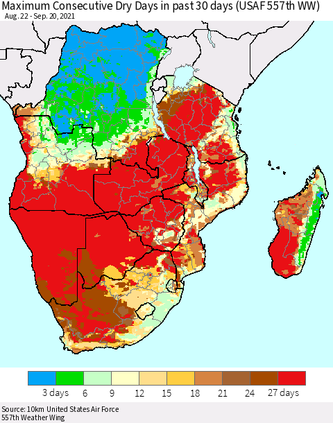 Southern Africa Maximum Consecutive Dry Days in past 30 days (USAF 557th WW) 09/20/2021 Thematic Map For 9/16/2021 - 9/20/2021