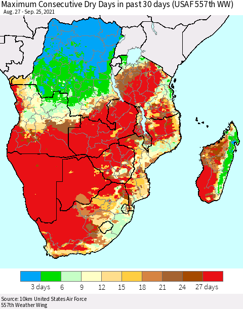 Southern Africa Maximum Consecutive Dry Days in past 30 days (USAF 557th WW) 09/25/2021 Thematic Map For 9/21/2021 - 9/25/2021