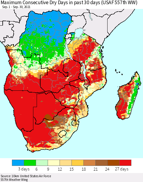 Southern Africa Maximum Consecutive Dry Days in past 30 days (USAF 557th WW) 09/30/2021 Thematic Map For 9/26/2021 - 9/30/2021