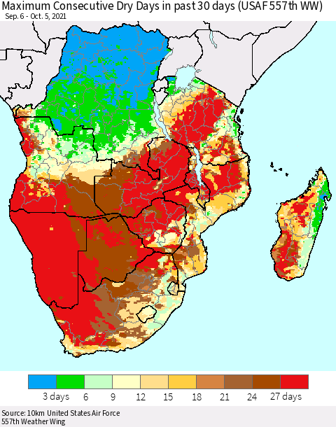 Southern Africa Maximum Consecutive Dry Days in past 30 days (USAF 557th WW) 10/05/2021 Thematic Map For 10/1/2021 - 10/5/2021