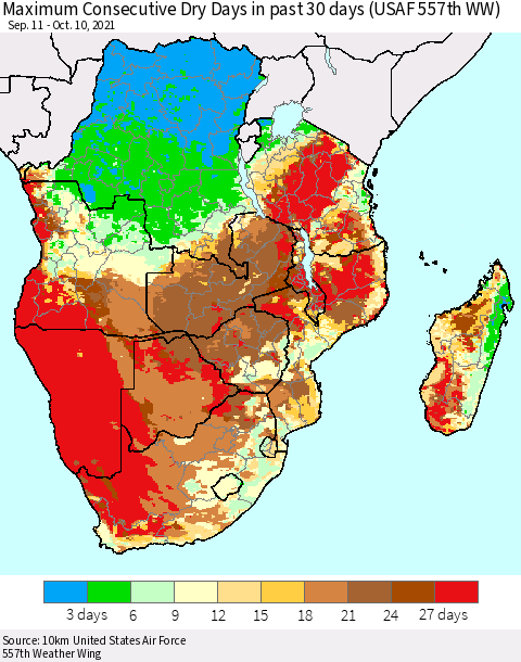 Southern Africa Maximum Consecutive Dry Days in past 30 days (USAF 557th WW) 10/10/2021 Thematic Map For 10/6/2021 - 10/10/2021
