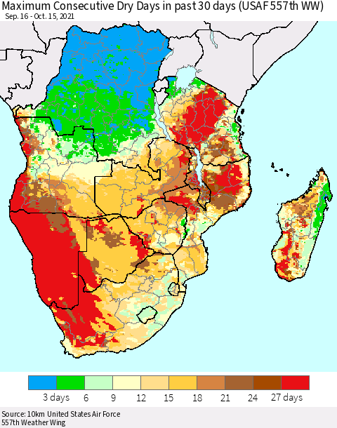 Southern Africa Maximum Consecutive Dry Days in past 30 days (USAF 557th WW) 10/15/2021 Thematic Map For 10/11/2021 - 10/15/2021