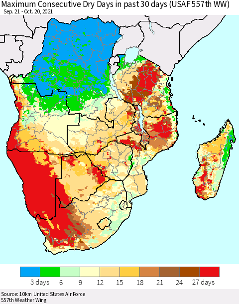 Southern Africa Maximum Consecutive Dry Days in past 30 days (USAF 557th WW) 10/20/2021 Thematic Map For 10/16/2021 - 10/20/2021