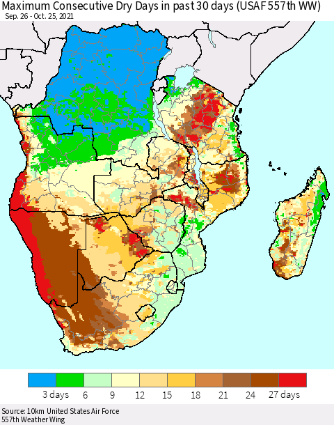 Southern Africa Maximum Consecutive Dry Days in past 30 days (USAF 557th WW) 10/25/2021 Thematic Map For 10/21/2021 - 10/25/2021