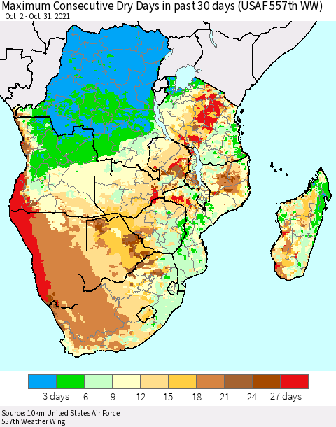 Southern Africa Maximum Consecutive Dry Days in past 30 days (USAF 557th WW) 10/31/2021 Thematic Map For 10/26/2021 - 10/31/2021