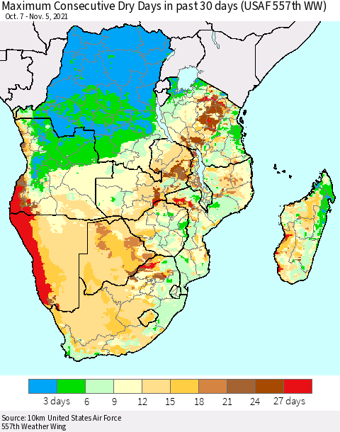 Southern Africa Maximum Consecutive Dry Days in past 30 days (USAF 557th WW) 11/05/2021 Thematic Map For 11/1/2021 - 11/5/2021