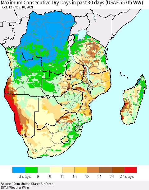 Southern Africa Maximum Consecutive Dry Days in past 30 days (USAF 557th WW) 11/10/2021 Thematic Map For 11/6/2021 - 11/10/2021