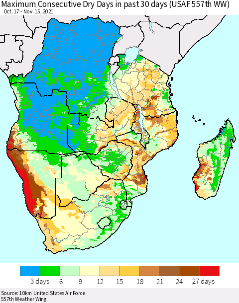 Southern Africa Maximum Consecutive Dry Days in past 30 days (USAF 557th WW) 11/15/2021 Thematic Map For 11/11/2021 - 11/15/2021