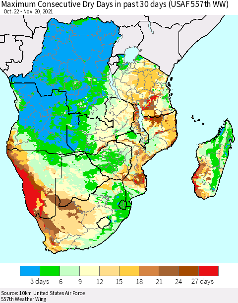 Southern Africa Maximum Consecutive Dry Days in past 30 days (USAF 557th WW) 11/20/2021 Thematic Map For 11/16/2021 - 11/20/2021
