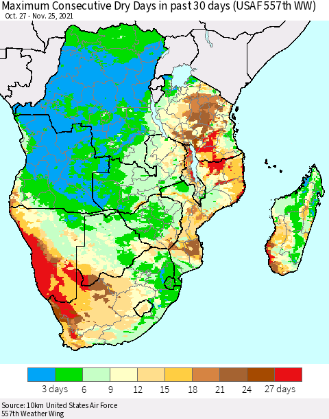 Southern Africa Maximum Consecutive Dry Days in past 30 days (USAF 557th WW) 11/25/2021 Thematic Map For 11/21/2021 - 11/25/2021